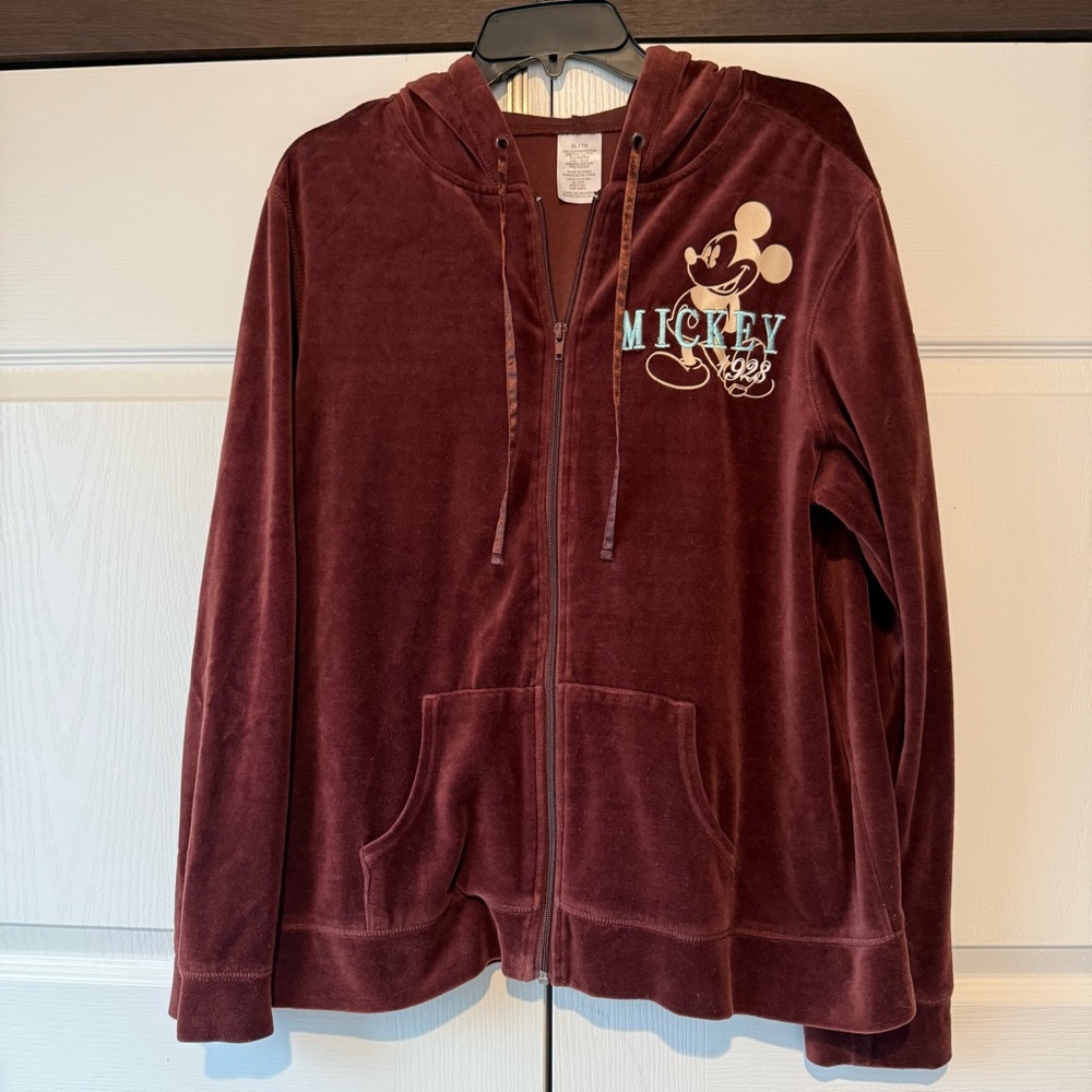 Mickey Mouse Women’s Chocolate Brown Velour Full Zip Hoodie Embroidered Size XL